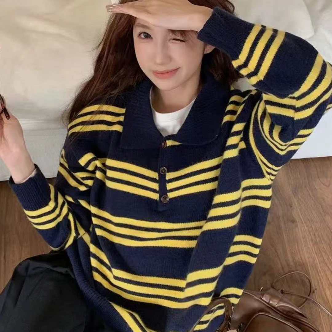 复古美式翻领条纹长袖针织衫2025秋季新款宽松减龄外穿打底毛衣女