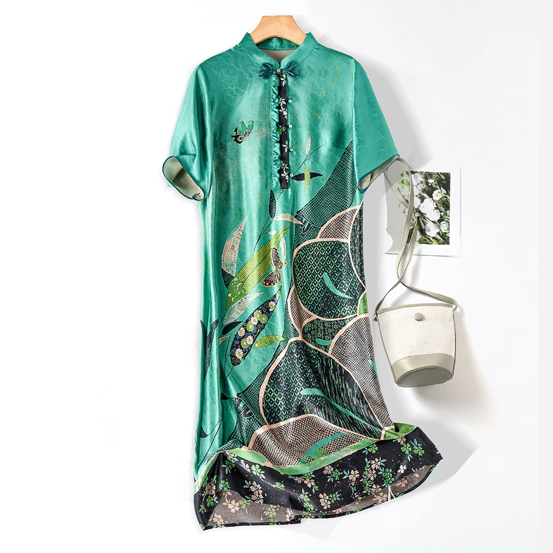 100%桑蚕丝小立领女装盘扣新中式印花百搭真丝女装中国风连衣裙