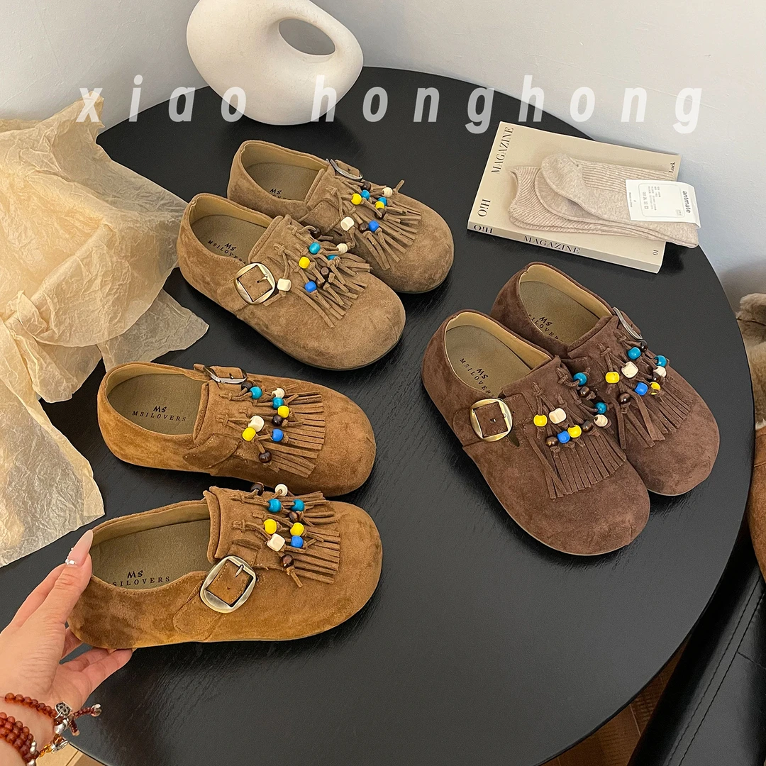 【松松】流苏串珠‘复古森系袋鼠博肯一脚蹬厚底内增高5公分