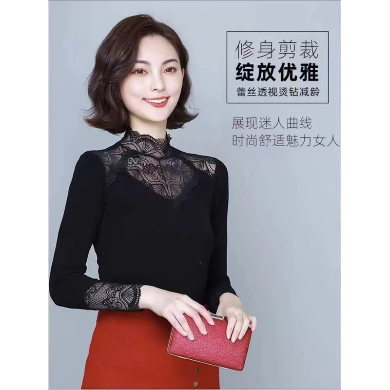 长袖轻熟风条纹半高领蕾丝打底衫保暖女人舒适烫钻