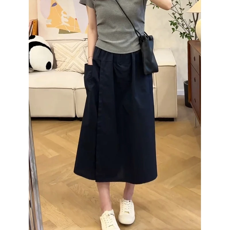 藏青色休闲半身裙裤女秋季新款大码梨形身材松紧腰显瘦A字百搭