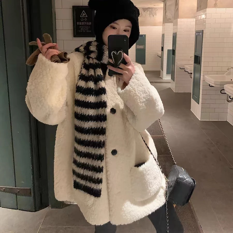 冬上新2025韩系气质小香风毛毛外套女仿羊羔毛中长款百搭加厚上衣
