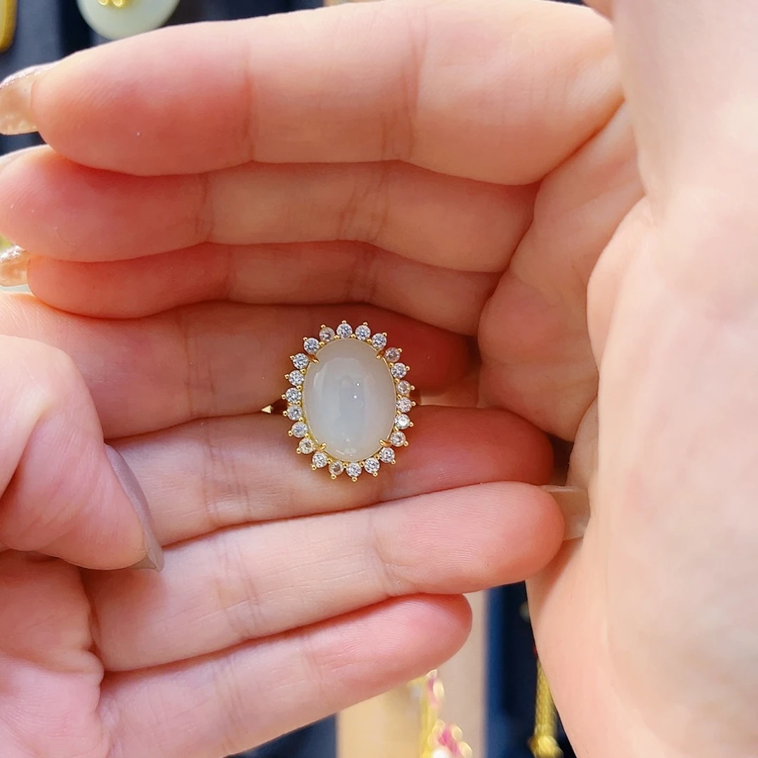 和田玉银S925镀金镶嵌戒指