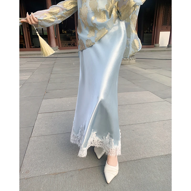 果果家 A字裙纯色拼接蕾丝长裙女装2025春季提花宽松气质半身裙