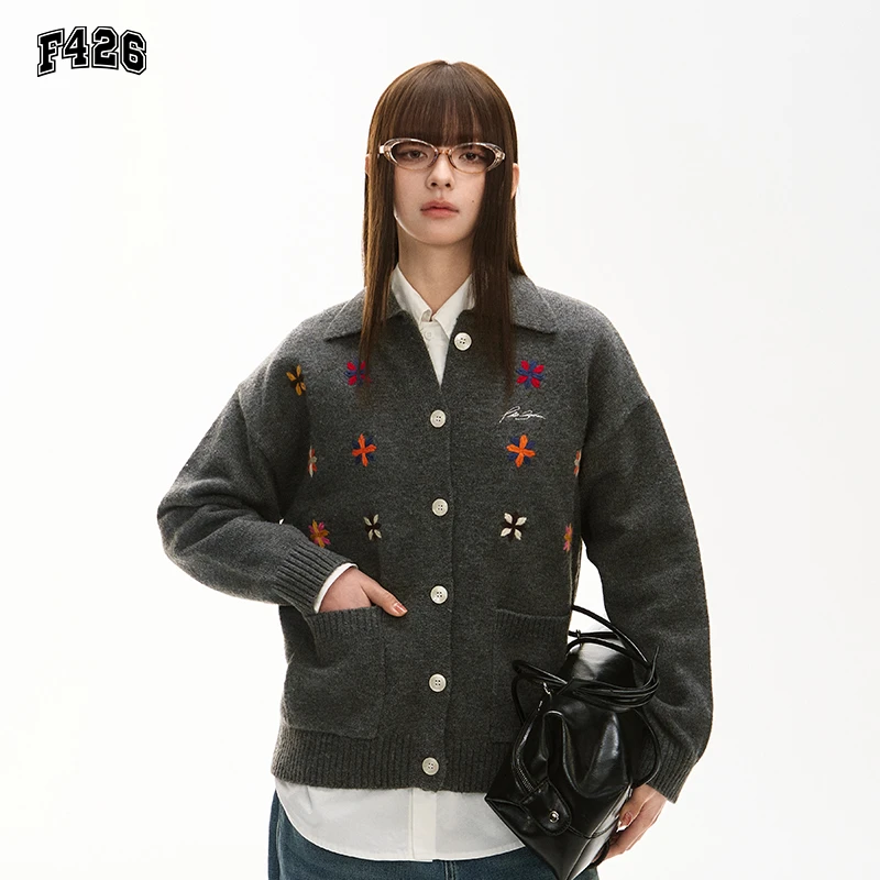 【春新品】F426潮牌2025春款复古休闲缤纷小花朵仿手工刺绣毛衣6554