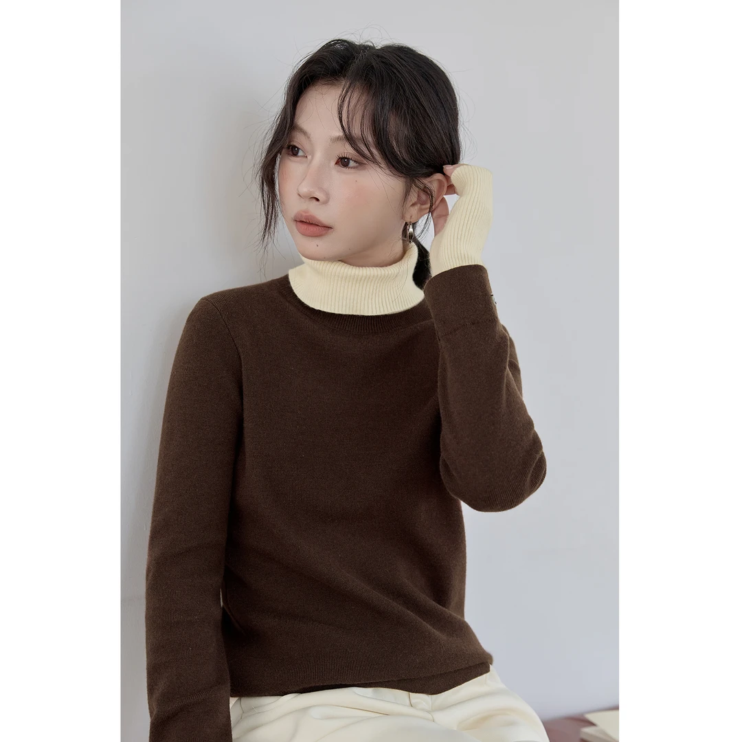 棕色假两件针织毛衣女冬2025新款高领小众内搭打底上衣ss28854