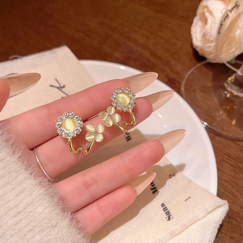 铜合金耳饰 气质轻奢小众2034高级猫眼石花环耳钉简约百搭款