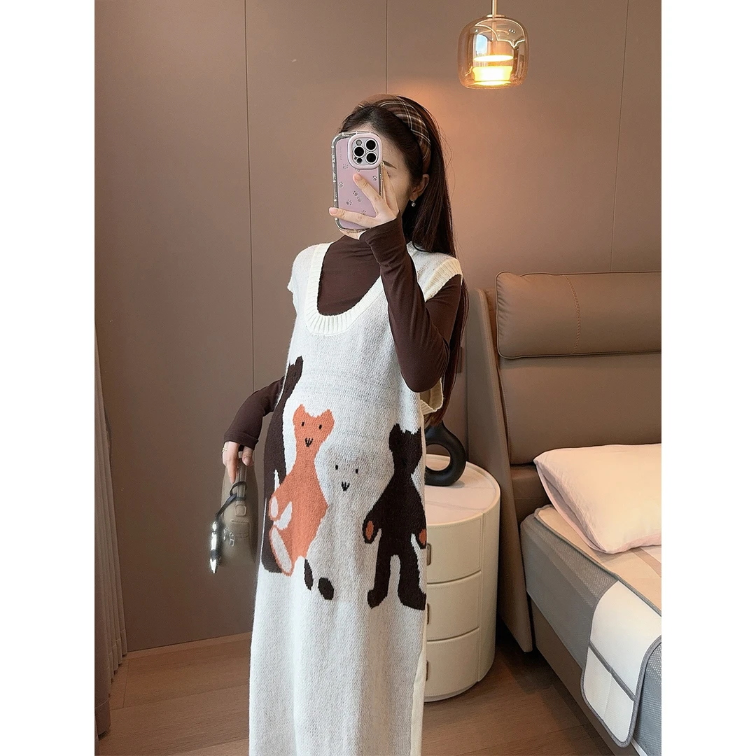 孕妇裙学院风小熊无袖连衣裙秋冬甜美针织叠穿背心裙