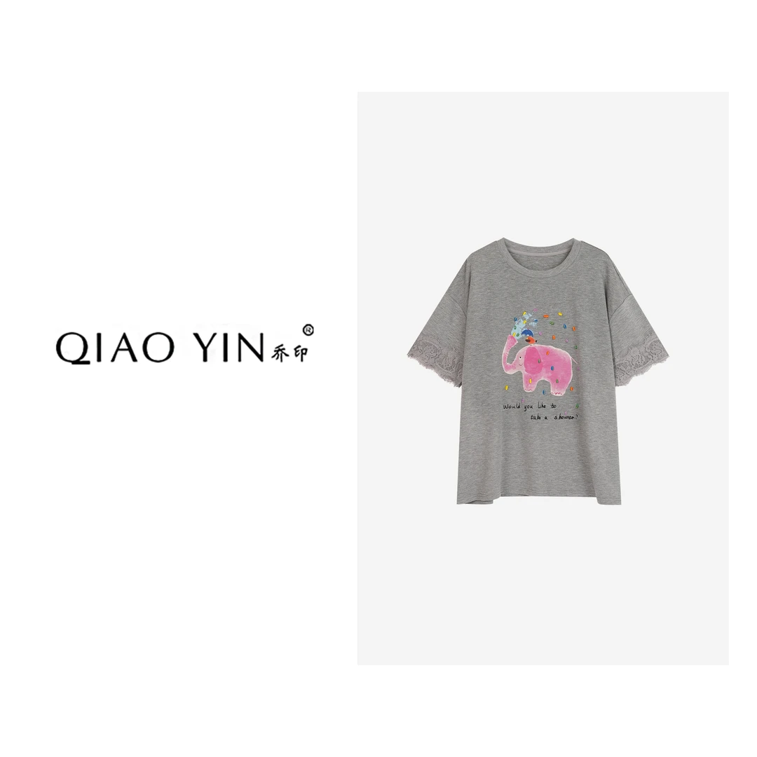 QIAO YIN“T恤”时尚休闲夏季宽松灰色印花设计师卡通QY27477