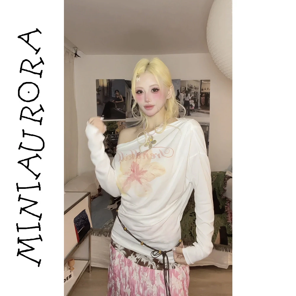 长袖罩衫薄款女夏季宽松显瘦蝙蝠袖 白色印花休闲韩系BM风设计感