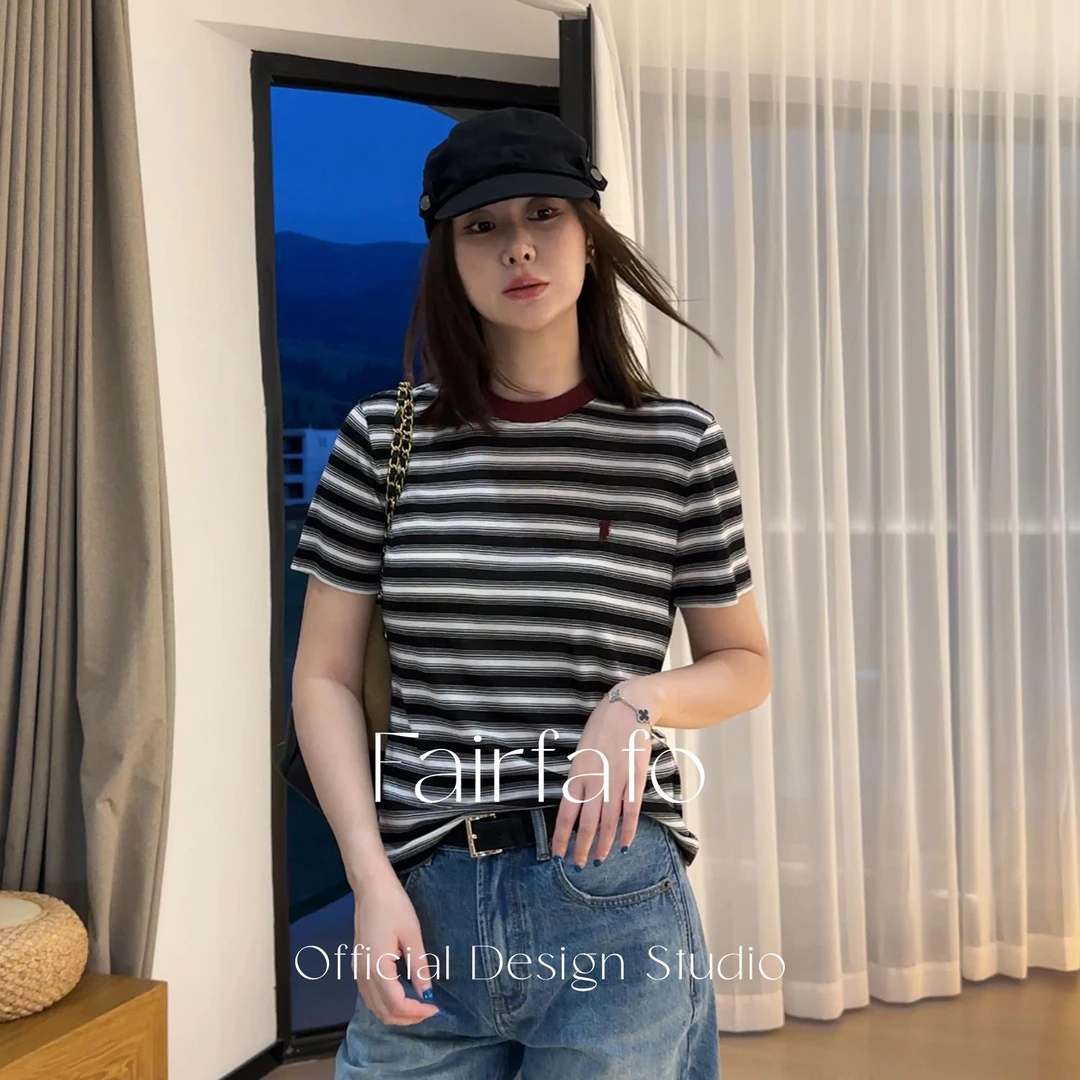 【撞色条纹简约短袖】莱赛尔+绵羊毛 TXAL57148轻薄舒适洋气条纹T恤