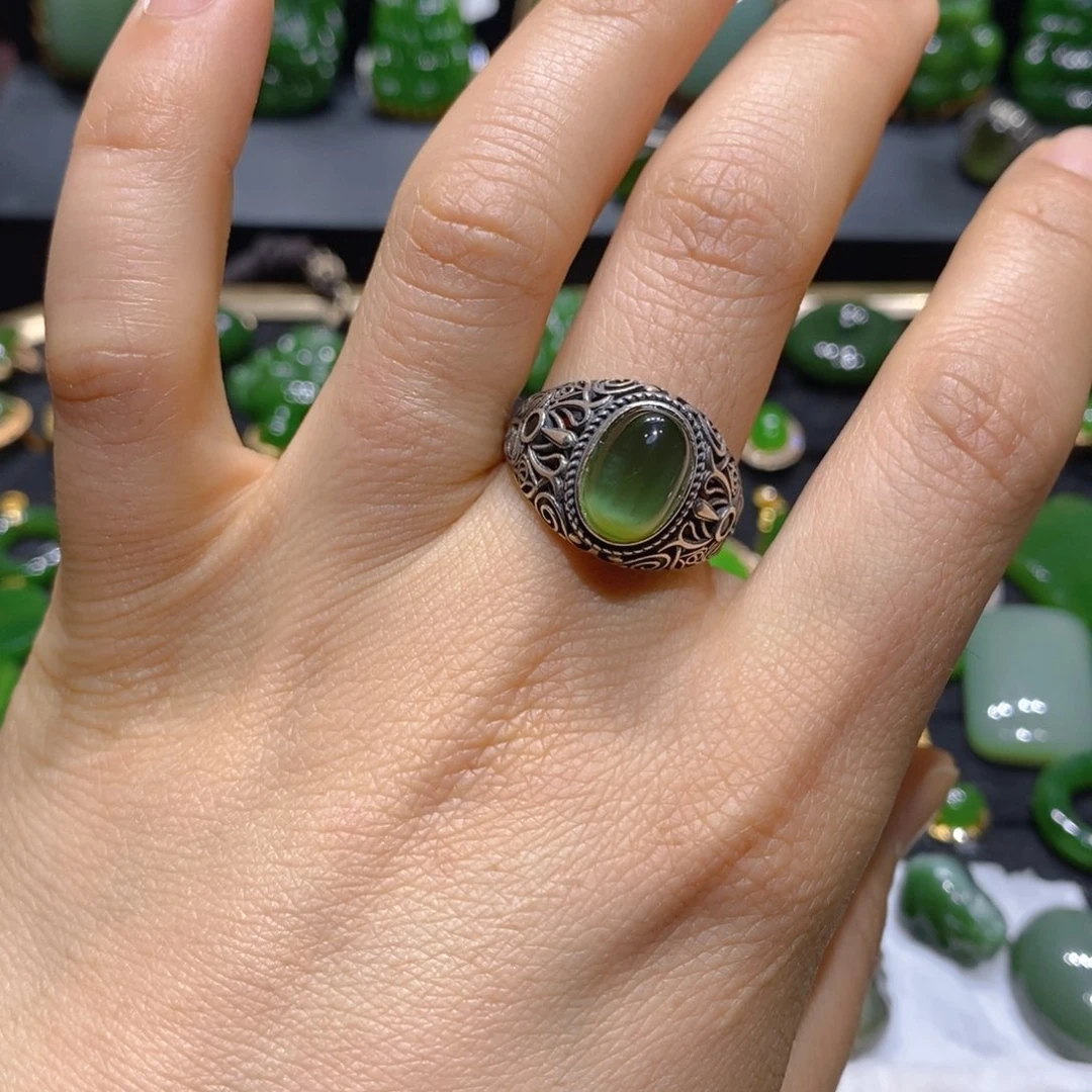 和田玉（碧玉）戒指银S925镶嵌天****样