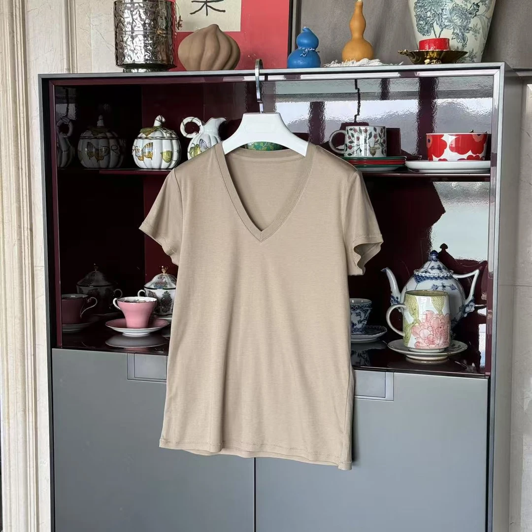 MYL 2025夏季新品纯棉浅卡其T恤V领套头短袖休闲纯色百搭时尚上衣