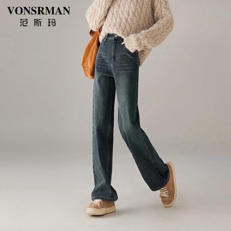 范斯玛阔腿牛仔裤女2025冬季新款时尚百搭高腰显瘦加厚保暖直筒裤