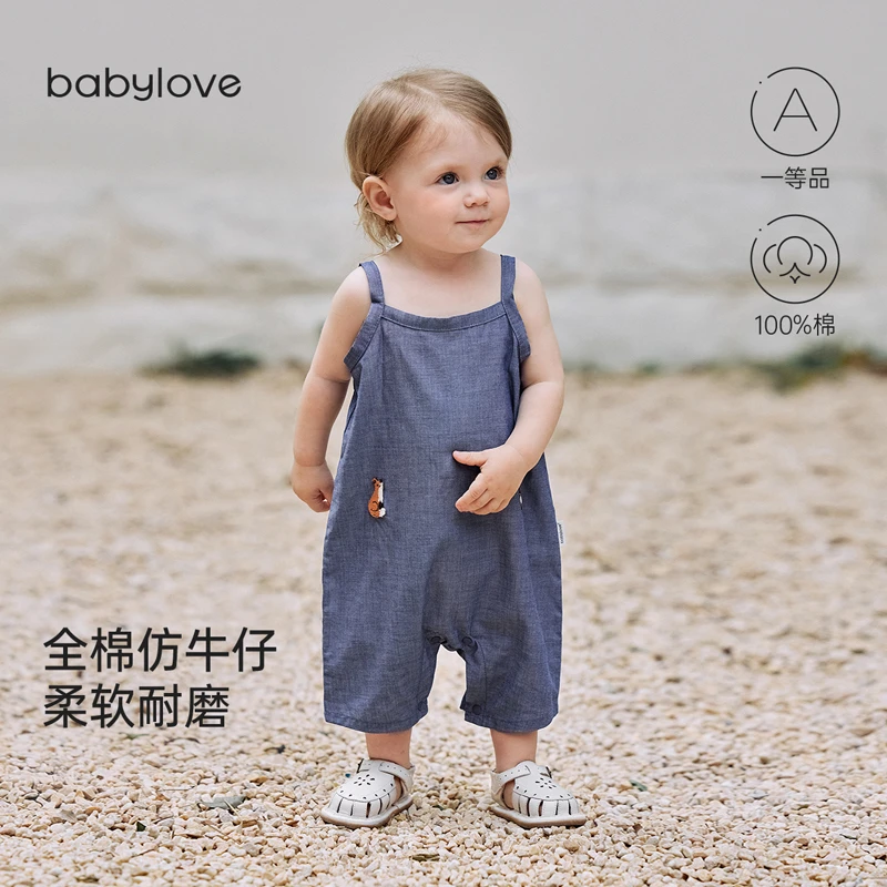 babylove婴儿吊带连体衣夏季纯棉哈衣爬服男女宝宝简约可爱短爬