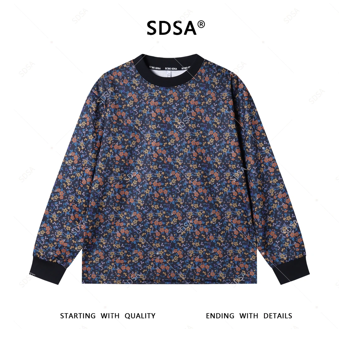 SDSA男士秋冬新款轻奢痞帅男装撞色植物花卉满印印花圆领长袖T恤