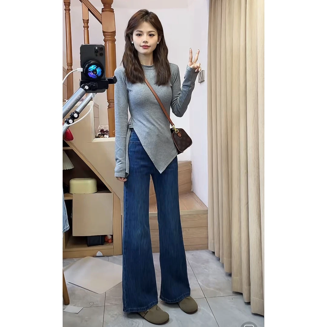 春季新款高腰阔腿裤微喇牛仔裤女新款修身宽松显瘦喇叭裤子
