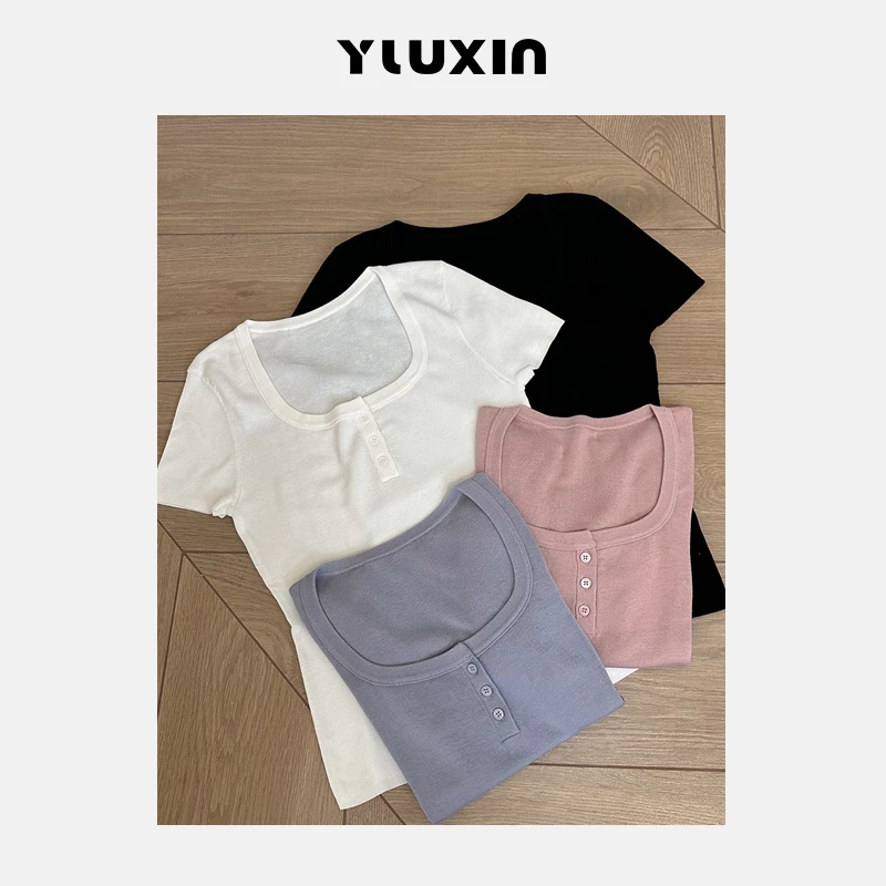 【YUUXIN】绵绵冰~天丝+桑蚕丝 夏季方领T恤针织衫短款修身上衣25