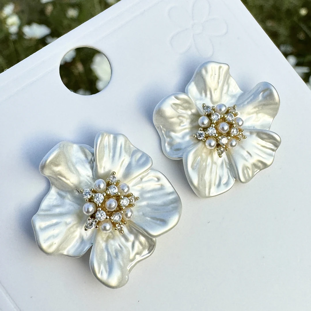 925银玻璃耳饰 真金电镀银针人造珍珠款花朵耳钉复古个性潮流耳饰