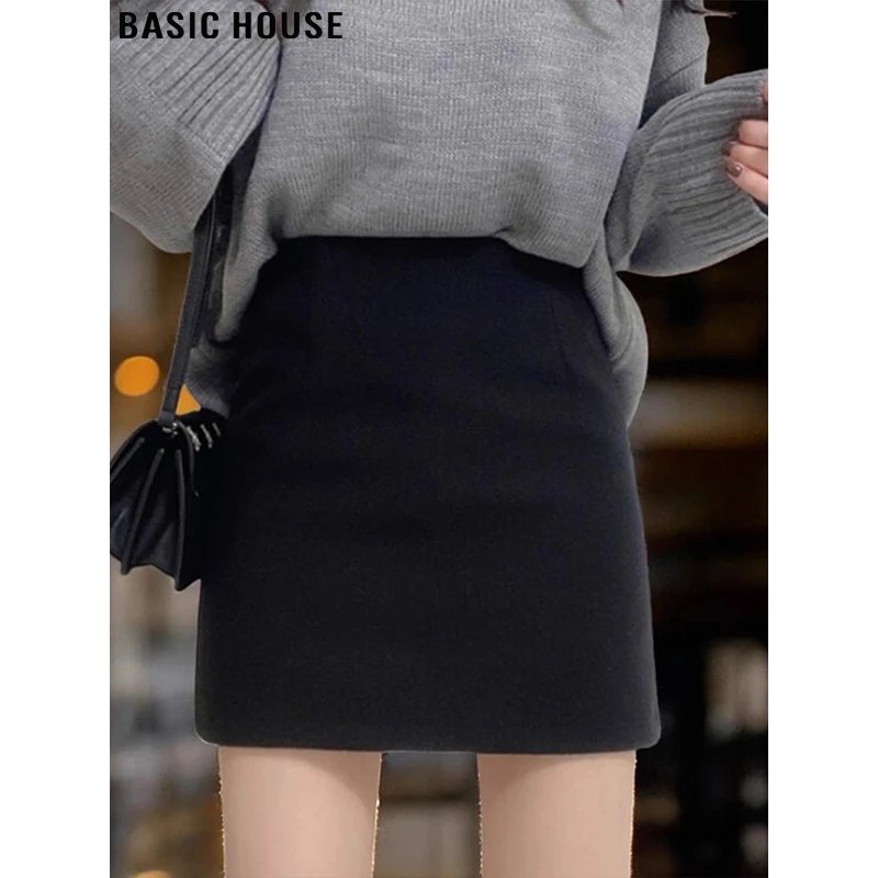 Basic House/百家好黑色加厚毛呢半身裙女秋冬包臀裙打底短裙a字