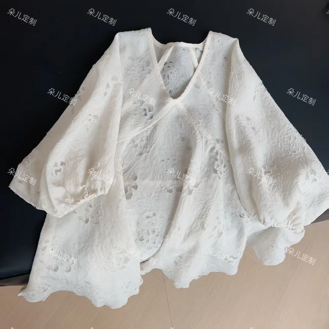 朵儿定制 【花漾】新中式V领不规则宽松衬衫 IS81