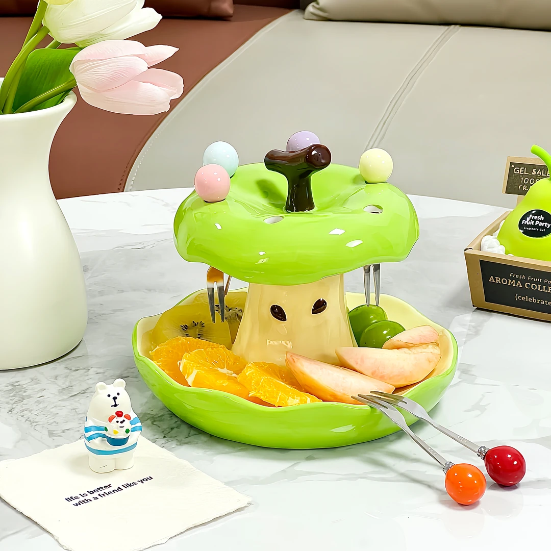 高颜值青苹果核陶瓷水果盘果叉两用套装家用创意不锈钢果签小果叉