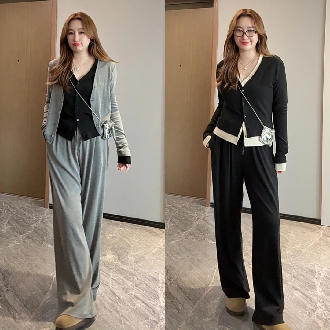 GTNER“KK定制”早秋新款假两件开衫阔腿裤两件套气质显瘦套装D2046