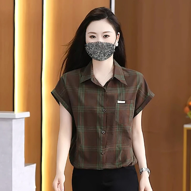 时尚格纹短袖衬衫女2025夏季新款小个子洋气韩版百搭休闲短款衬衣
