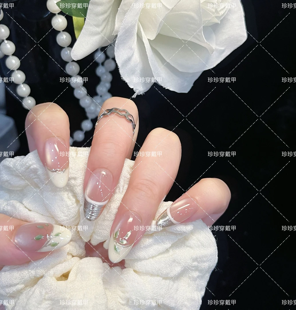 【春竹涧】珍珍手工穿戴甲新中式清冷感猫眼鎏金跳色法式竹叶美甲