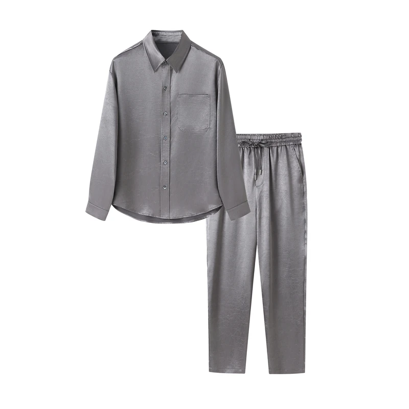 顶奢真丝桑蚕丝缎面中式国风夏季轻薄透气休闲长袖衬衣套装