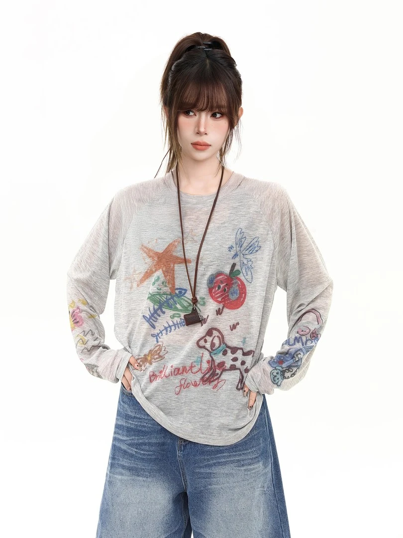 美式涂鸦轻薄长袖罩衫T恤女夏季显瘦透气防晒辣妹网红复古上衣ins