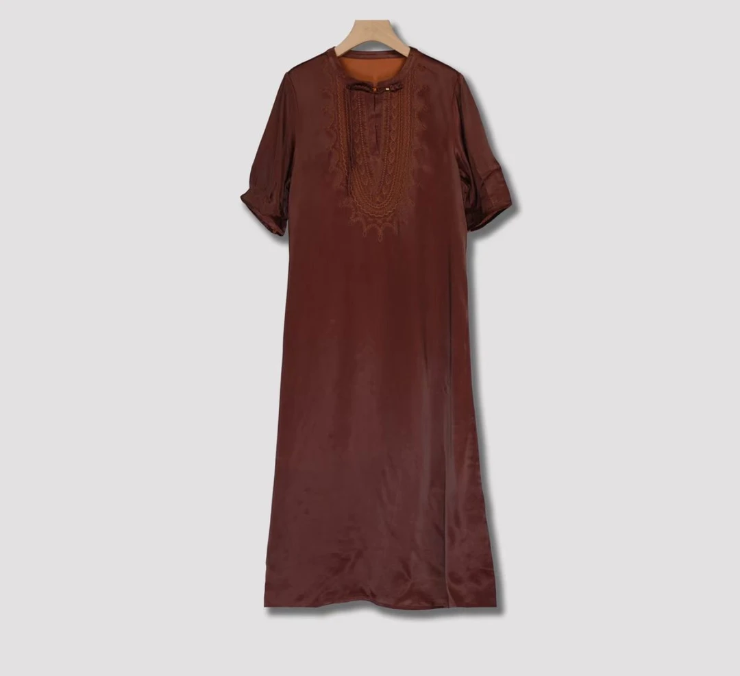 N137【锦悦】新中式复古女士裙子夏季油皮老料显瘦国风中长款连衣裙