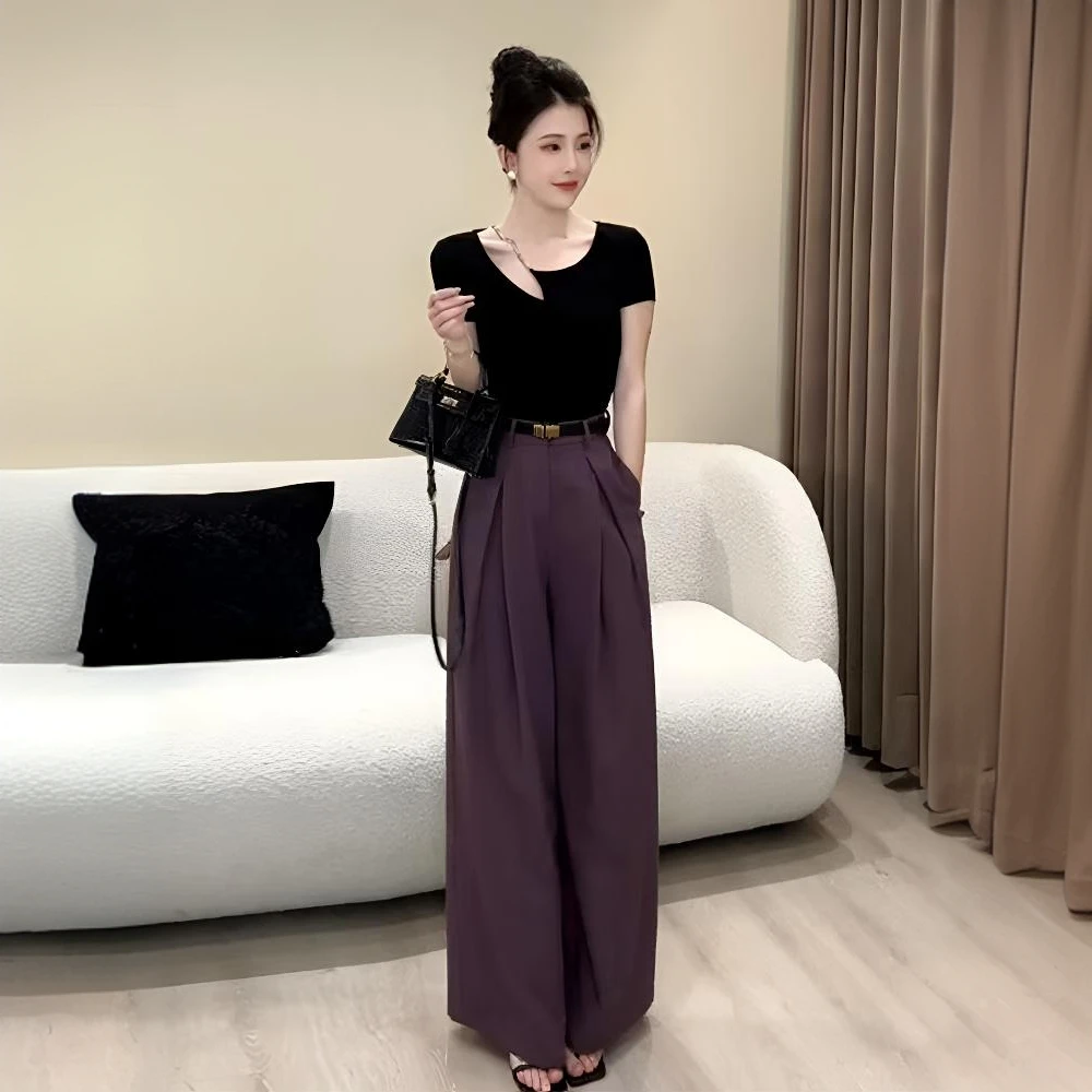 短袖套装女夏季新款高级感减龄长袖T恤上衣紫色西装阔腿裤两件套