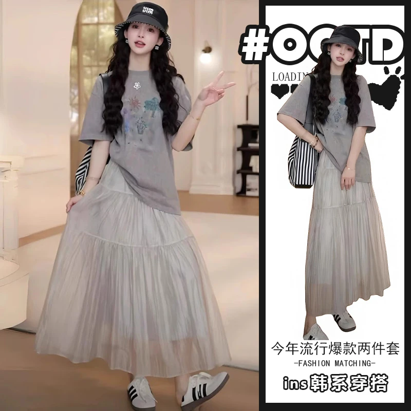 法式宽松百搭卡通短袖T恤显瘦气质网纱半身裙美式别致两件套装女