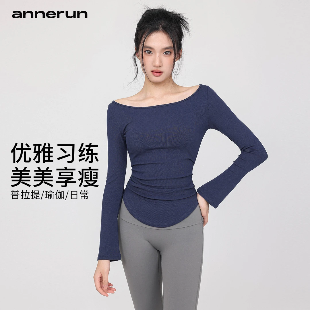 annerun速干瑜伽服长袖上衣女运动皱褶百搭健身一字领休闲跑步T恤