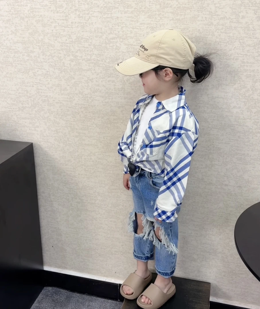 Kk·儿童春季新款洋气百搭蓝白格纹长袖衬衫外套