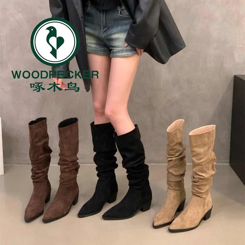 啄木鸟高跟卡其色堆堆靴低跟长靴2025年秋冬新款瘦瘦长筒骑士靴子
