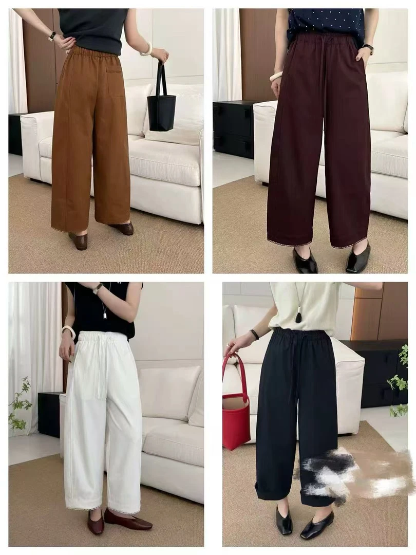 【韩衣舍】9028秋夏松紧腰抽绳花边拼接薄款休闲阔腿九分