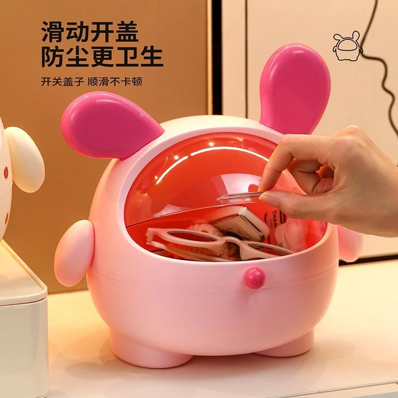 墩墩狗桌面整理收纳盒卡通摆件大容量防尘翻盖发圈头绳首饰收纳桶