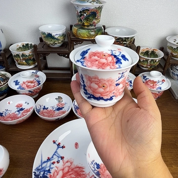 忠意堂釉下彩红牡丹盖碗微瑕不退