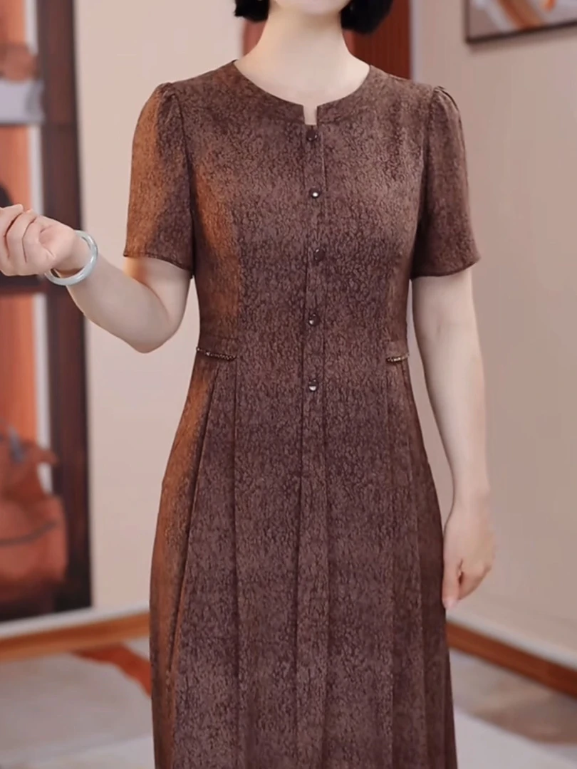 高级双绉纱洋气优雅翠花礼服裙2025夏季新款简约减龄纯色显瘦裙子