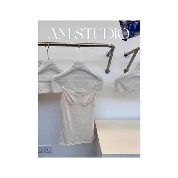 法式纯欲花边蝴蝶结细肩带吊带女纯棉内搭打底小吊带