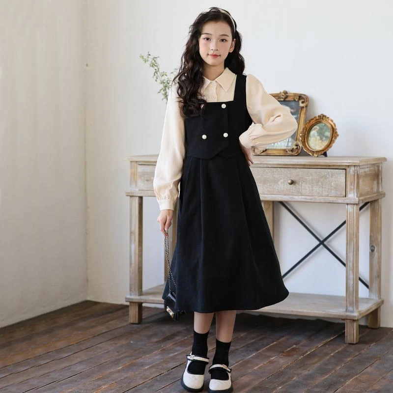 FAVMARTHA中大女童长袖覆古假两件洋装2025新款时尚收腰长裙洋派