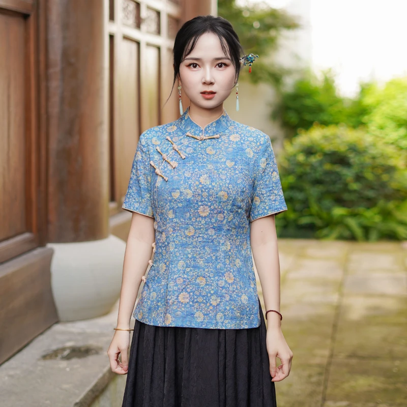 筠雅夏季新款唐装上衣新中式国风改良复古女士斜襟短袖女装25J260