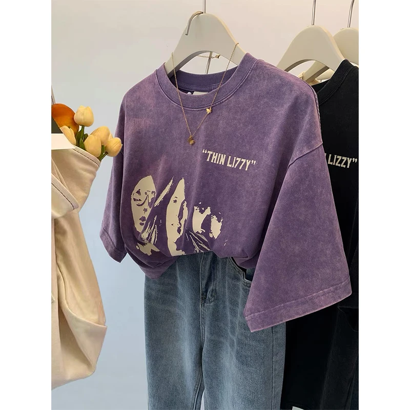 紫色复古水洗做旧印花短袖t恤女夏季夏体恤美式复古宽松上衣女