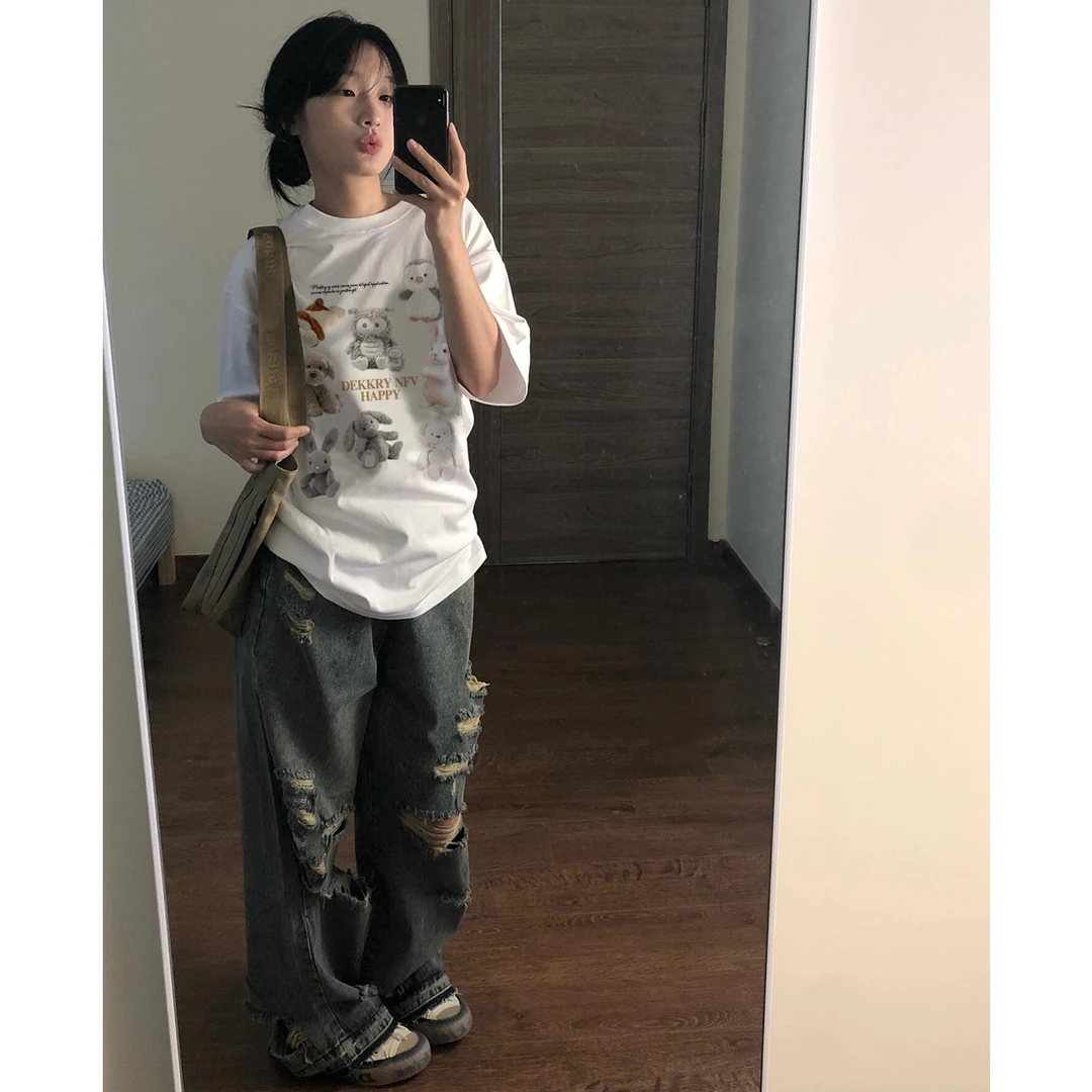 Labzaa美式潮牌毛绒公仔印花短袖纯棉T恤春款打底内搭休闲上衣女