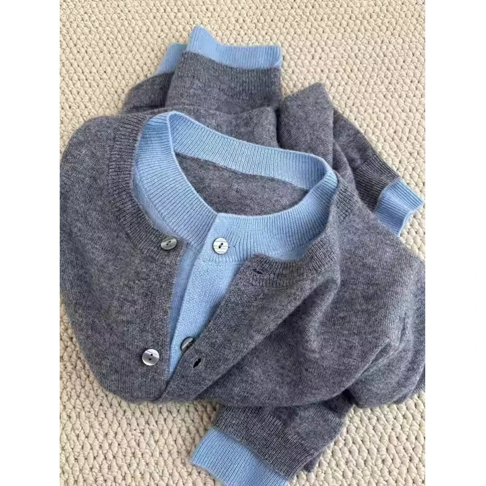 灰色拼接假两件针织开衫上衣洋气独特别致小个子内搭打底衫女早秋