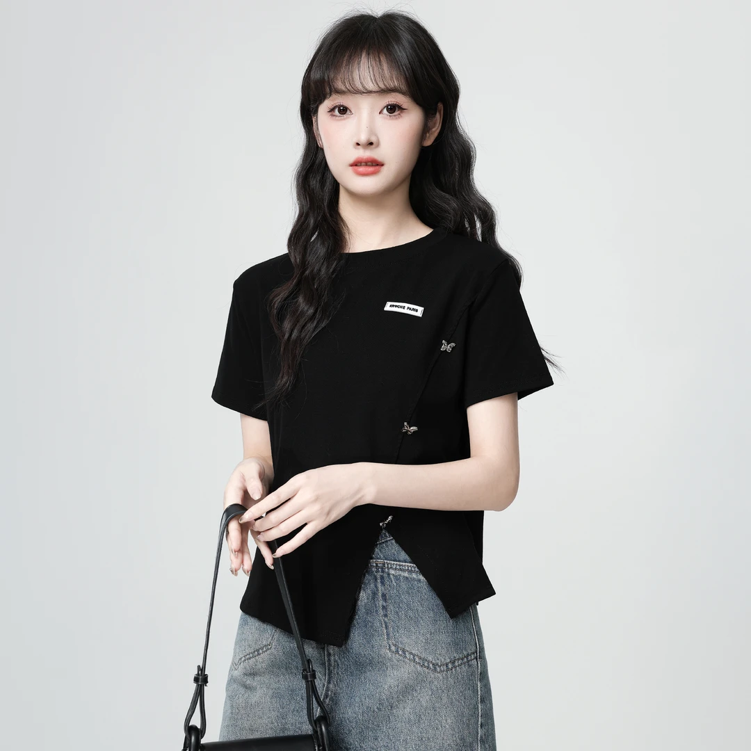 黑色圆领短袖T恤女夏2025夏季新款设计感不规则开叉体恤短款上衣