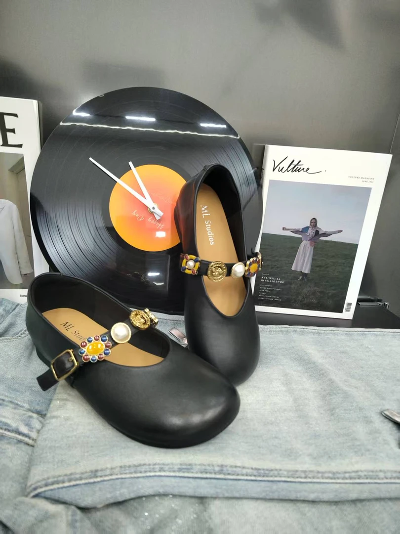 HuoHuo2025新款羊皮女鞋女浅口软底芒果头舒适法式珍珠玛丽珍7070