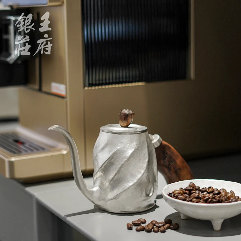 足银999纯手工咖啡壶家用手冲咖啡银壶简约复古长嘴细口壶 霖里